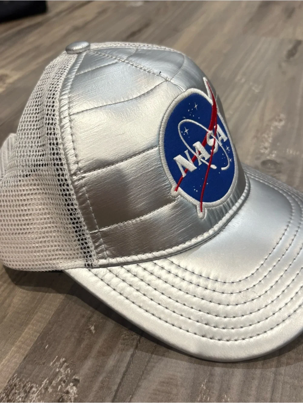 NASA Space Logo Embroidered Silver Shiny Trucker Hat Cap White Mesh SnapBack